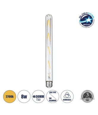 GLOBOSTAR® TUBIS 99020 Λάμπα Σωλήνας E27 T30 LED 8W 800lm 360° AC 220-240V IP20 Θερμό Λευκό 2700K Dimmable - Long Filament Chip - Διάφανο - Μ3 x Π3 x Υ30cm - 3 Χρόνια Εγγύηση